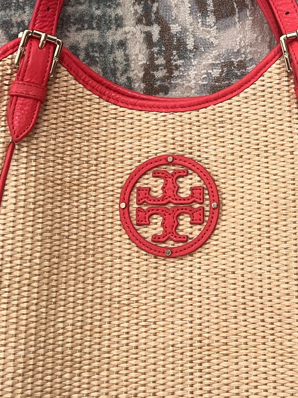 Tory Burch Raffia Straw Tote with Poppy Red Leather Trim - Picture 2 of 11